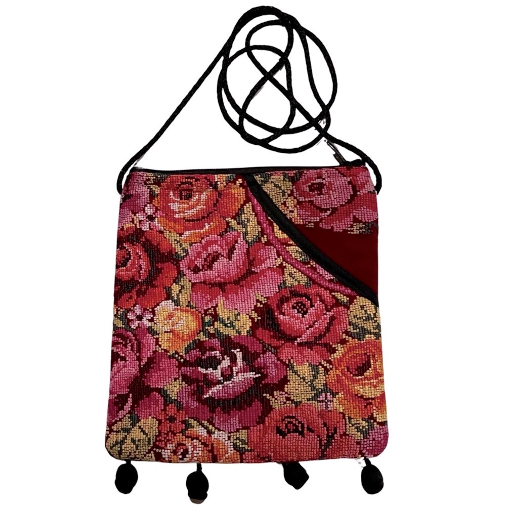 New Guatemalan Crossbody Tapestry Roses Pom Pom Bag